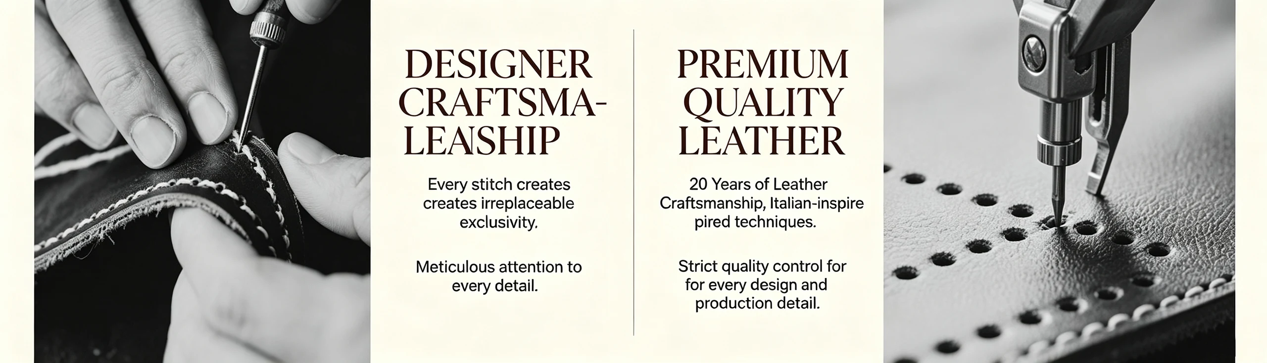 Premium Quality Leather · Designer Craftsmanship · 20年皮革工艺